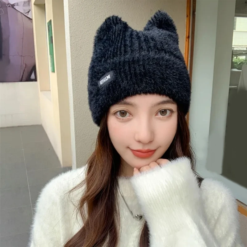 Winter Warm Knitted Hat Warm Sweet Headdress Cat Ear Crochet Beanie Windproof Anti-cold Women Ear Protection Running Ski Cap