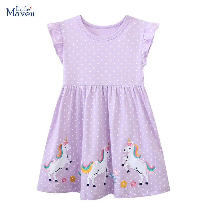 

Little maven Holiday Dress Summer 2024 Girls Kids Clothes Cartoon Embroidered Unicorn Princess Birthday Baby Girls Dresses