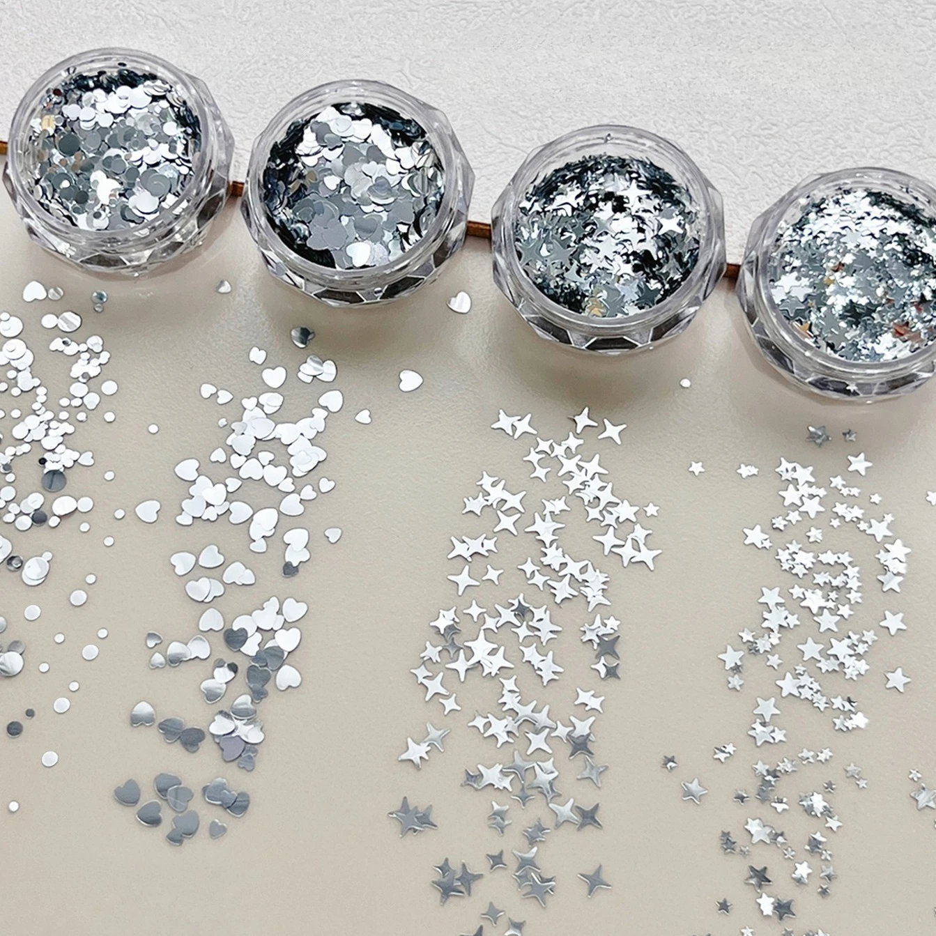 Silver Glitter Powder Sequin Geometric Heart Round Star Nail Art Shiny Accessories Decorations Manicure Tool