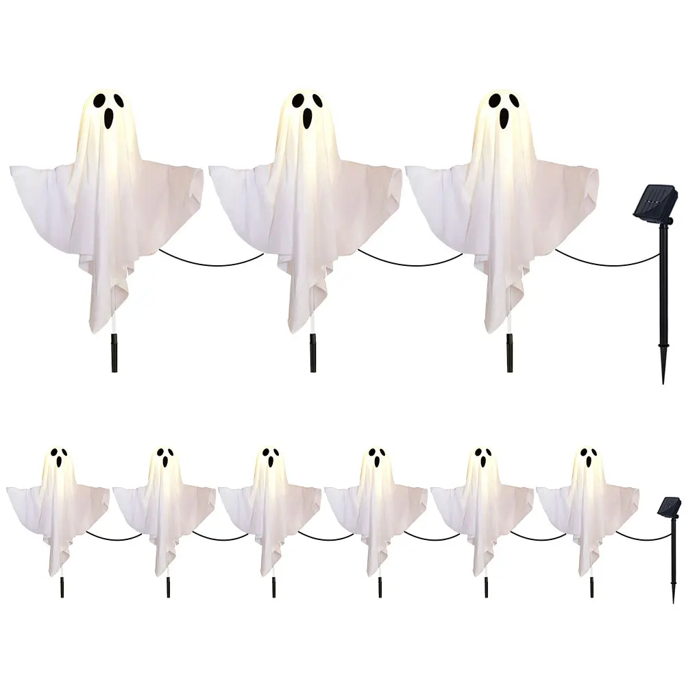 Halloween Solar Ghost Pathway Light LED White Cloth Ghost Stake Lights Solar Powered White Flying Ghosts Lantern for Patio Porch