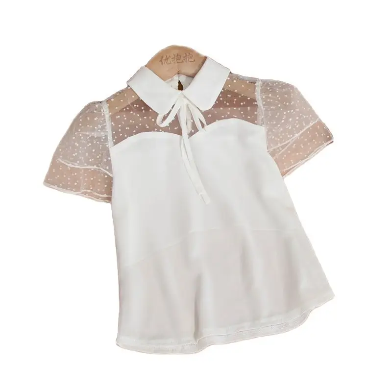 Chiffon Blouse for Kids Girls Summer Children White Short Sleeve Shirts Teenage Turn-down Collar Lace Basic Tshirts kids shirts