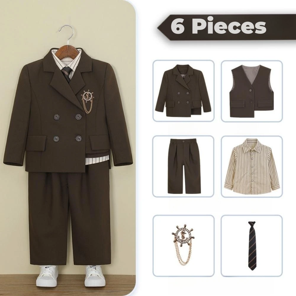 Casual Handsome Kids Suit Set 6 Pieces 90-160cm Notched Lapel Boys Formal Suits For Piano Performance Stylish Party Tuxedo