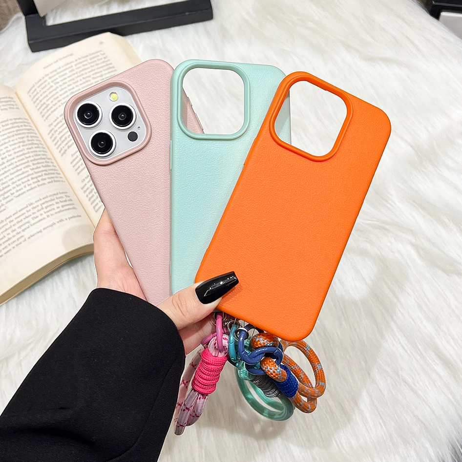 Cute Candy Leather Texture With Wrist Strap Case For iPhone 17 Air 16 15 14 11 12 13 16 Pro Max 16 Plus Solid Color Soft Cover 5