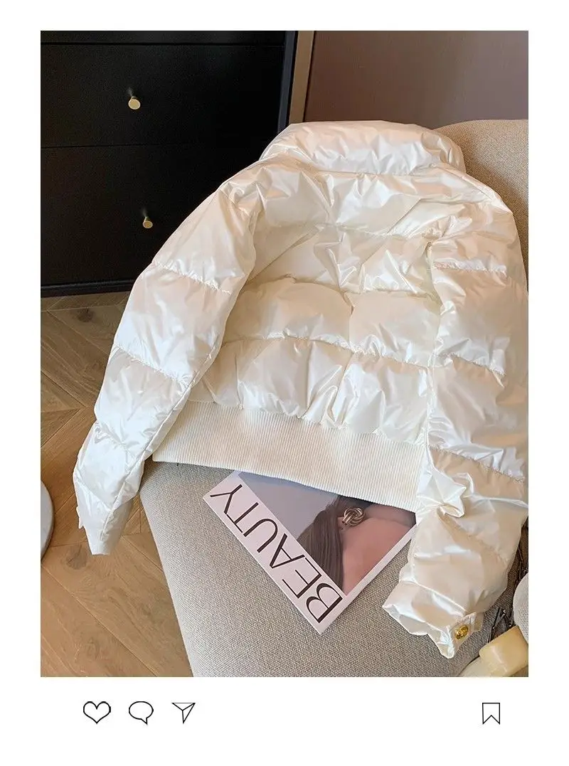Chic Design White Parkas Women Puffer Jacket Puffy Coat Button Winter Warm Thick Long Sleeve Short Jacket Stand Collar Outerwear
