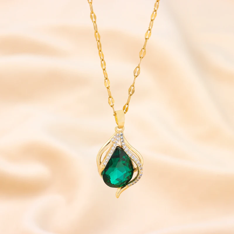 New Vintage Style Light Luxury Green Water Drop Pendant Necklace for Women Trendy Stainless Steel Jewelry Ladies Wedding Jewelry_voghion.com