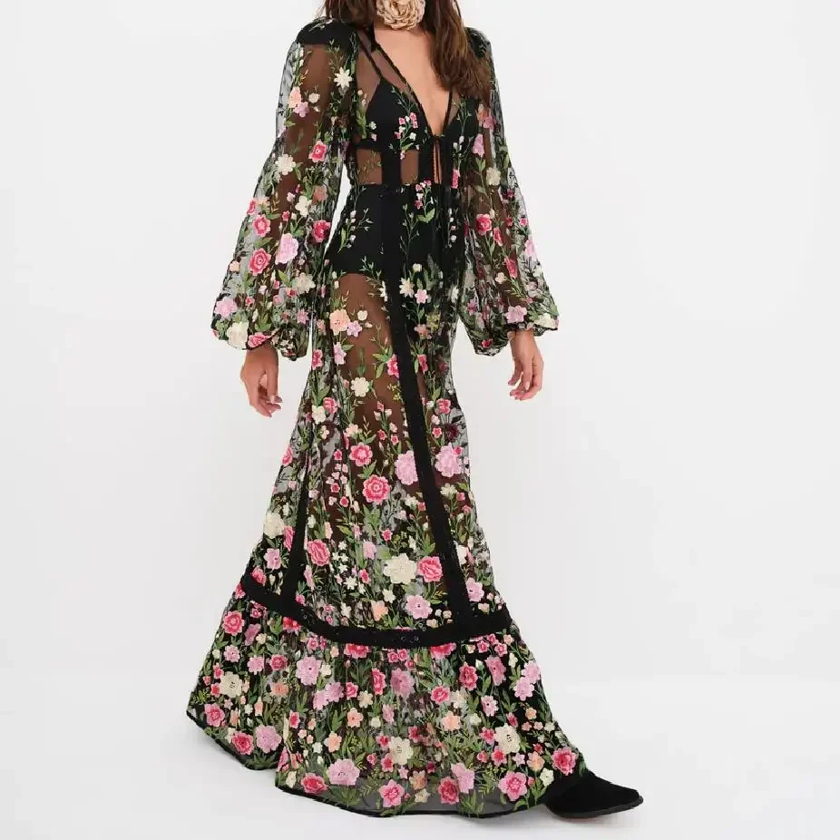 

2024 Women's Sexy Holiday Bikini Cover-Ups Beach Flower Embroidery Dress Long Sleeve Dress See Through Mesh Sheer Dresses