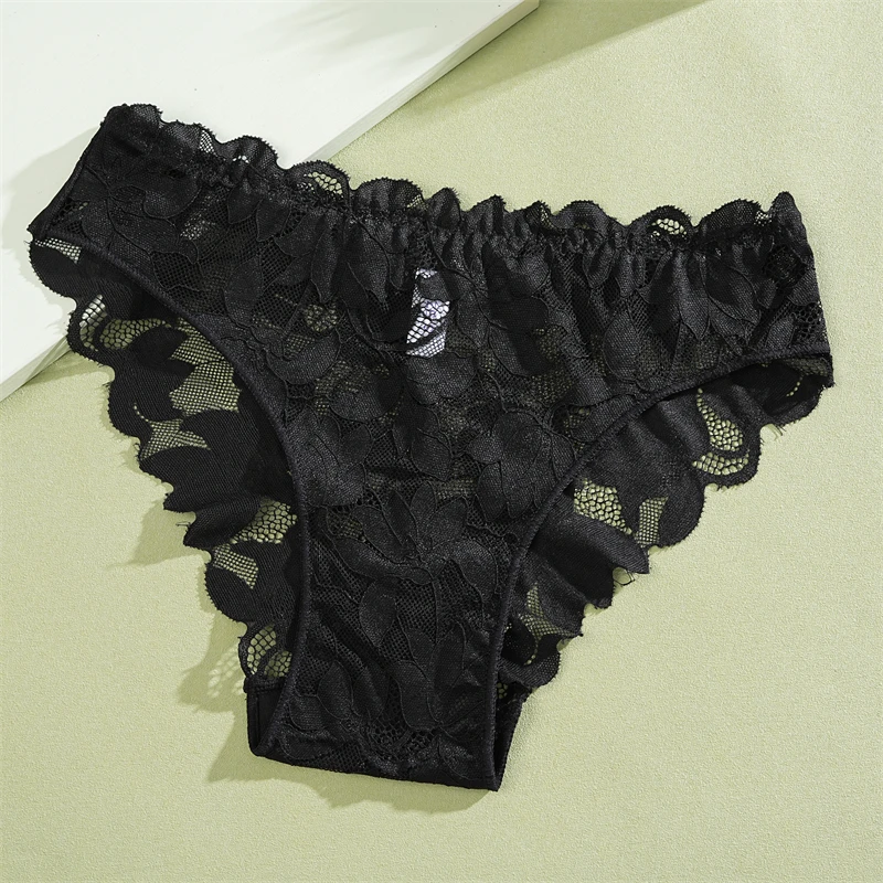 2Pcs Women's Satin Floral Lace Underwear Sexy Hollow Out Panties Solid Low-Waist Perspective Briefs Girls Soft Lingerie