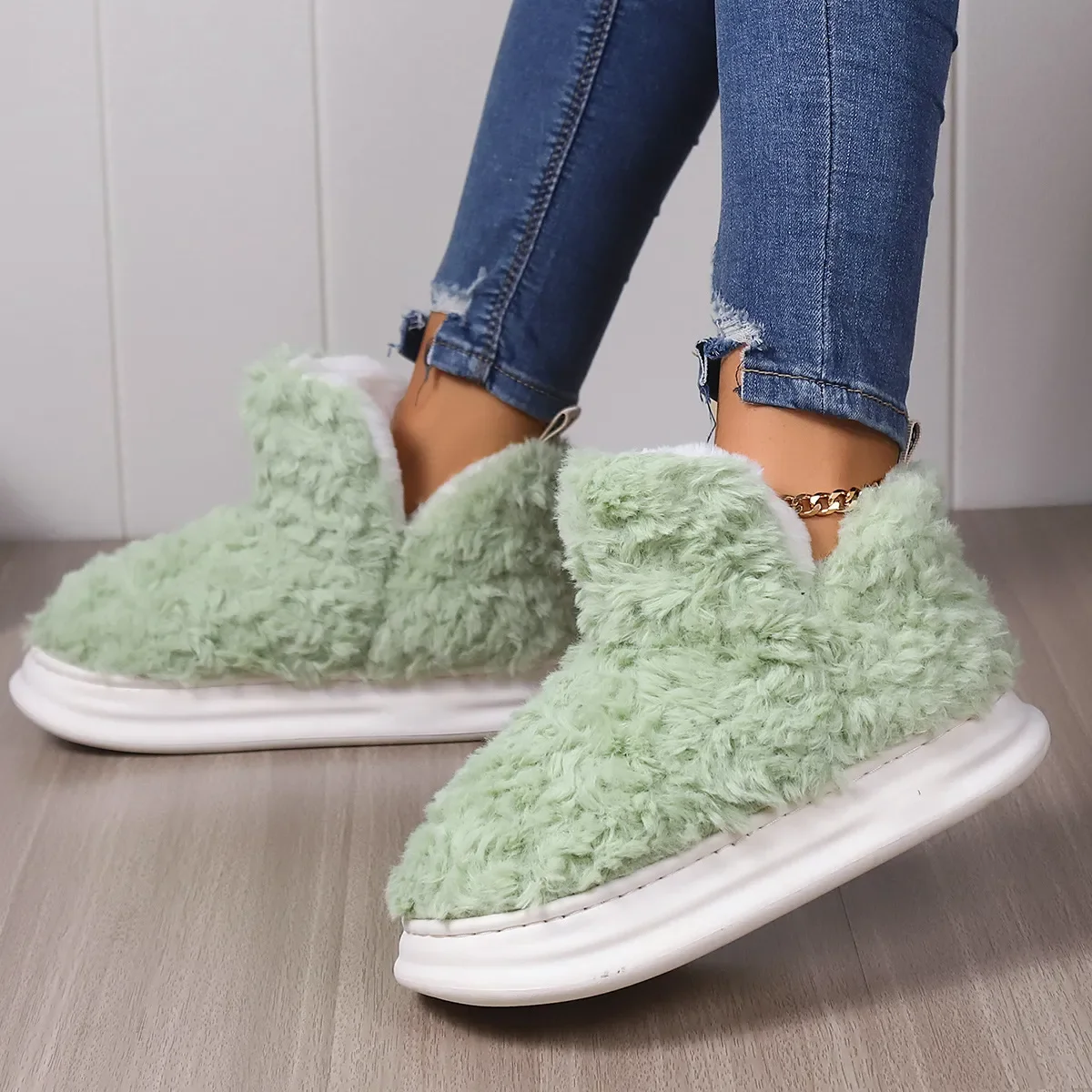 

Women Warm Fur Slippers Couples Winter Platform Shoes Soft Plush Thick Sole Girls Boys Indoor Street Snow Boots Fluffy Footwear