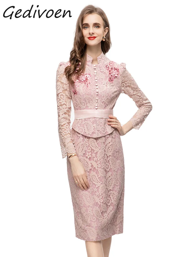 

Gedivoen Summer Fashion Designer Elegant Jacquard Midi Dress Women's Appliques Sequins Gathered Waist Package Buttock Slit Dress