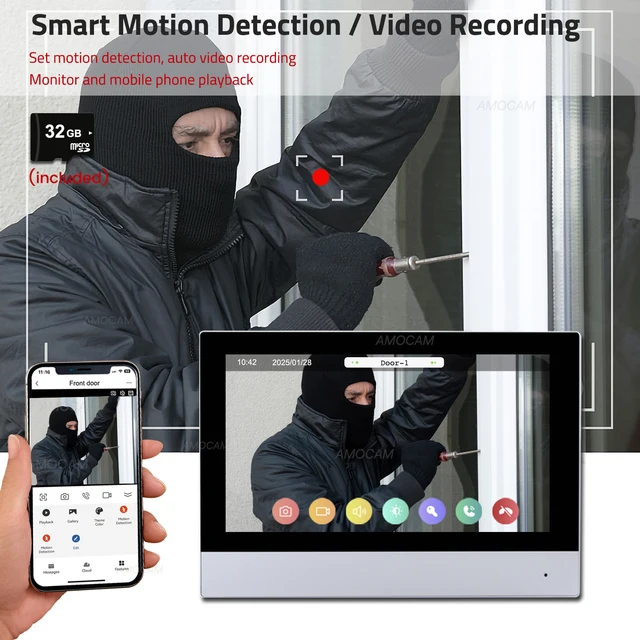 2 Wires Video Intercom System, 7“ Wireless WIFI Monitor 1080P Doorphone Camera Video Doorbell Code Password IC Card Tuya Unlock 6