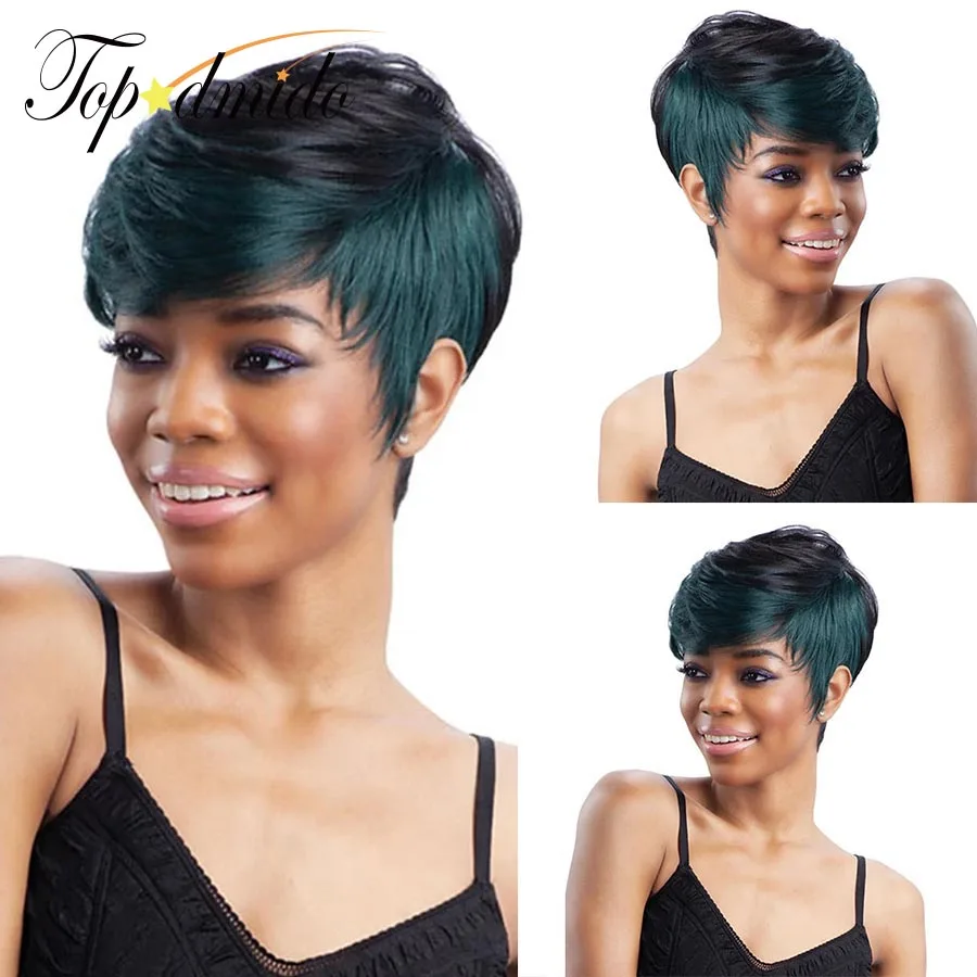 

Topodmido Ombre Green Color Pixie Wig with Bangs Short Cut Peruvian Hair Wig for Woman Transparent Lace Short Hair Wigs