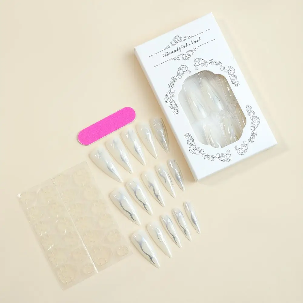 Fashion Long Stiletto False Nails French Full Cover Nail Tips Mechanical Silver Black Vine Detachable Fake Nails DIY