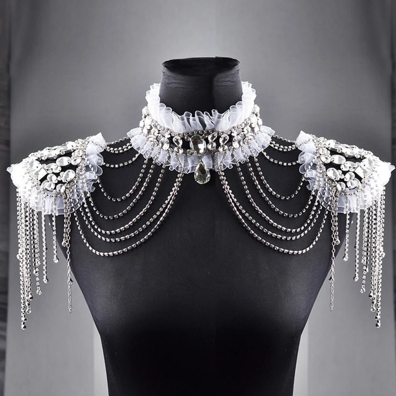 

Wedding Bridal Crystal Necklace Statement Tassel Shoulder Chain Layered Jewelry with Teardrop for Rhinestone Earrings