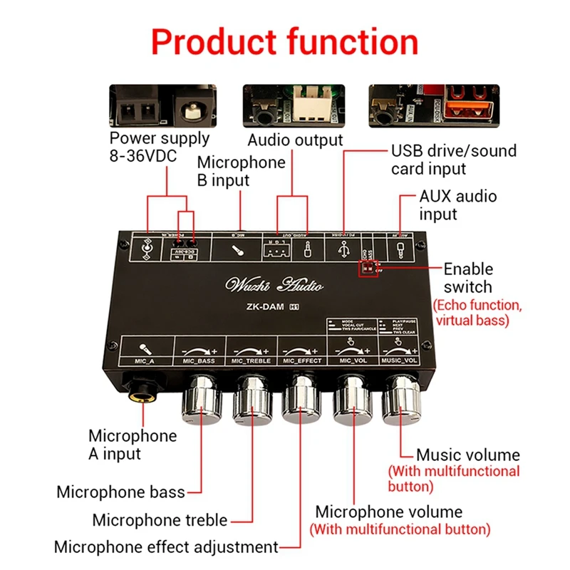 DAM H1 노래방 리버브 보드 전면 효과 마이크, 블루투스 USB 디코딩 보드