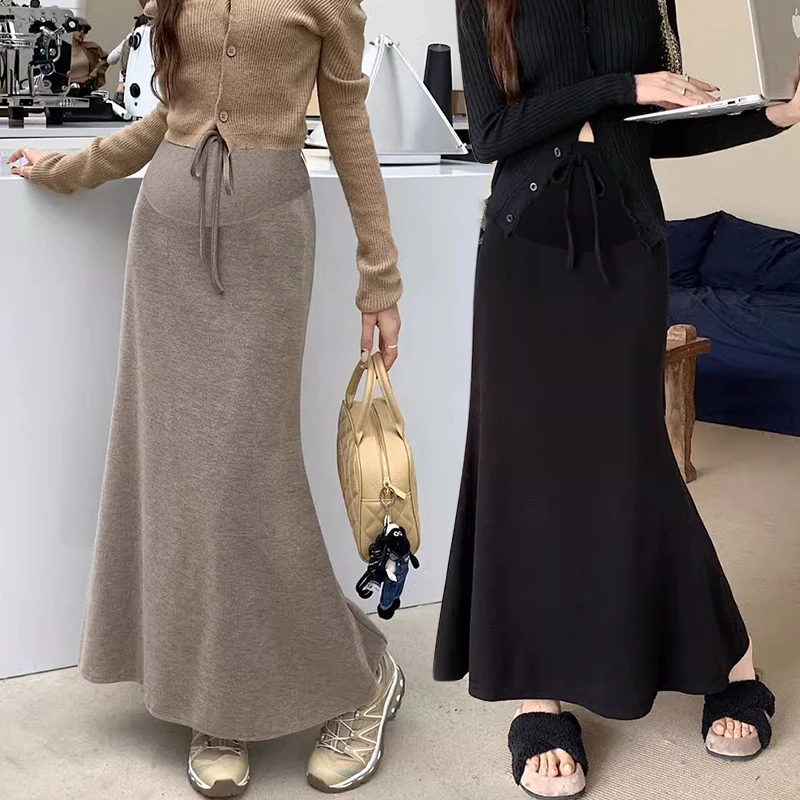 Korean Style Maternity Knitting Dress High Waist Drawstring Fashion Pregnant Woman Fishtail Skirt Slim Pregnancy Maxi Skirt 88cm
