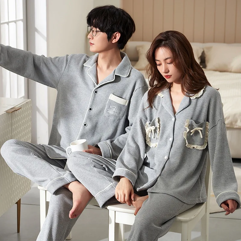 Couple Pajamas Men and Women Cotton Sleepwear Turn-down Collars Long Sleeve Pants Pyjama Sets Solid Autumn Winter Nightwear Suit
