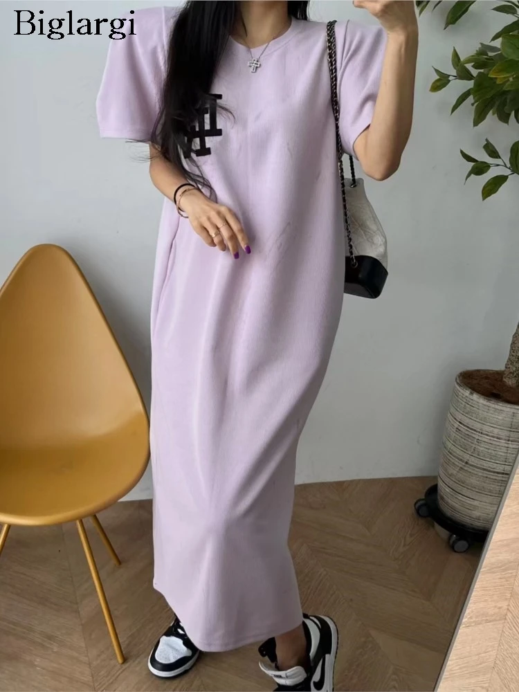 

Летнее Длинное женское платье с буквенным принтом, модные повседневные Свободные плиссированные женские платья в Корейском стиле, женское платье с пышными короткими рукавами