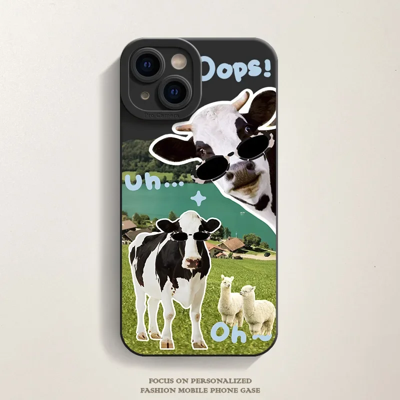 thumbnail image 1 of Korean Cute Collage Sunglasses Cow Phone Case For iPhone 15 14 13 12 Pro Max 11 Lovely Cool Silicone Shockproof Soft Back Cover, 1 of 5