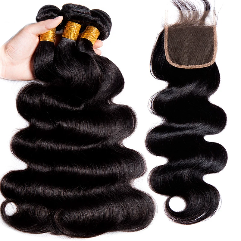 Peruanos da Onda do Corpo com Fechamento Pacotes do Cabelo Extensão do Cabelo Pacote do Cabelo Humano com Fechamento do Laço com 3 Pacotes Tecer 4x4 5 Home & Garden