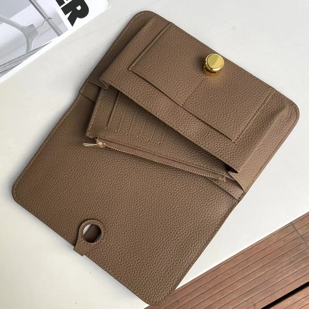 Genuine leather long lady's handbag with multiple compartments fashionable wallet large capacity thin passport clip gold buckle