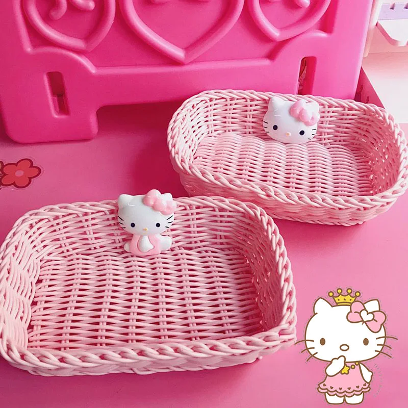 キティちゃん 籐かご Sanrioアニメハローキティ籐収納バスケット、織り