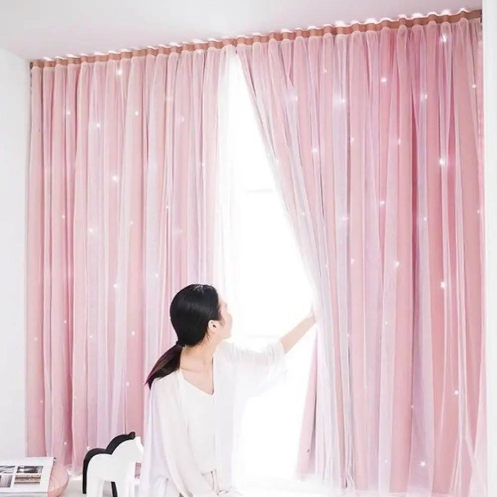 1 Pc Non-perforated Hollow Star Curtain Double Layer Self-Adhesive Stars Blackout Curtains Detachable Washable Bedrroom Curtain