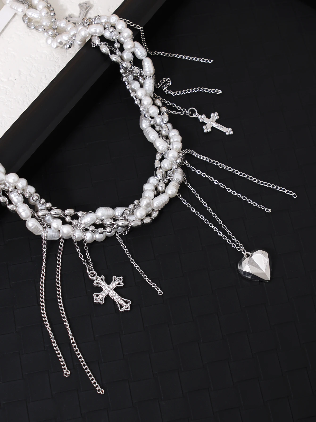 Hip hop stainless steel tassel chain love cross charm punk womens necklace