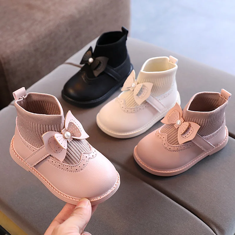 

New 2023 Autumn Children's Shoes Girls Soft Leather Ankle Boots Fashion Cute Bow Baby Princess High Top Sneakers Breathable Warm