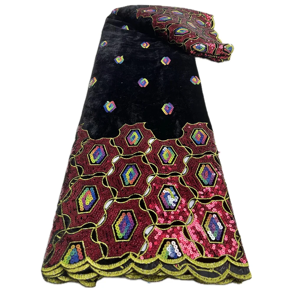 French Velvet Lace Fabric Shiny Sequins African Embroidery Lace with Stones for Nigerian Party Robe Sewing
