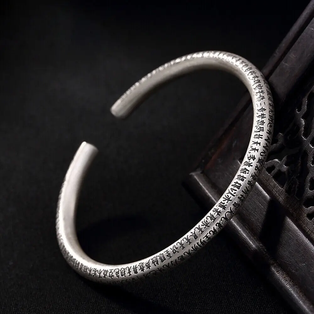 

Solid 999 Fine Silver Heart Sutra Round Cuff Open Bangle 6.49inch Long