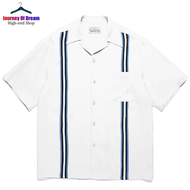 Summer 24SS Best Quality WACKO MARIA Mens Womens Striped Tape Colorblocked Cuban Neck Hawaiian Short Sleeve Shirt 2