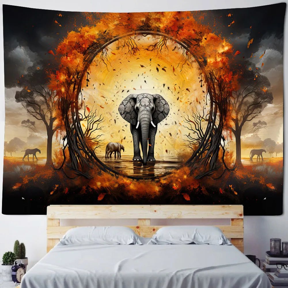 

Elephant art tapestry, animal psychedelic landscape room decoration, wall hanging, hippie kawaii home art decoration tapestry