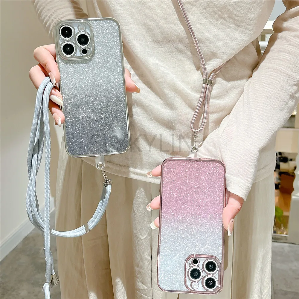 Gradient Glitter Necklace Strap Lanyard Phone Case - Soft Silicone Cover