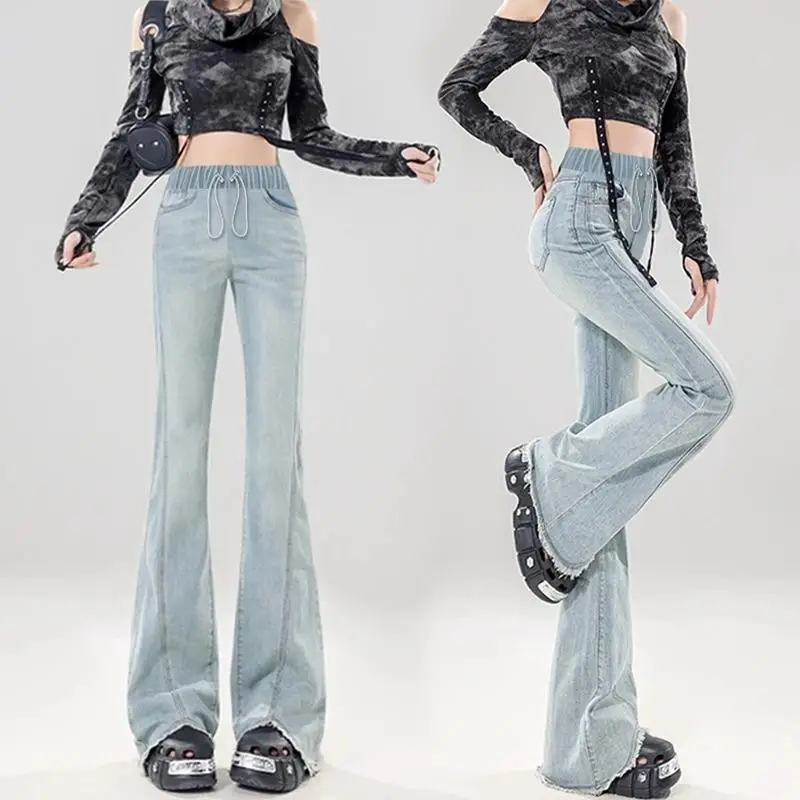 임산부용 벨보텀 청바지 봄 가을 아웃웨어 드로스트링 탄성 슬리밍 프레이드 사이드 스플릿 롱 팬츠