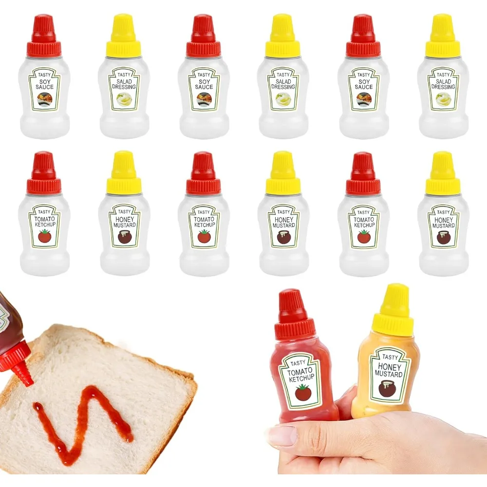 Condiment Squeeze Bottles 12pcs Mini Portable Set Easy To Fill and Use For Lunch Box & Picnic Dressing Dispensers