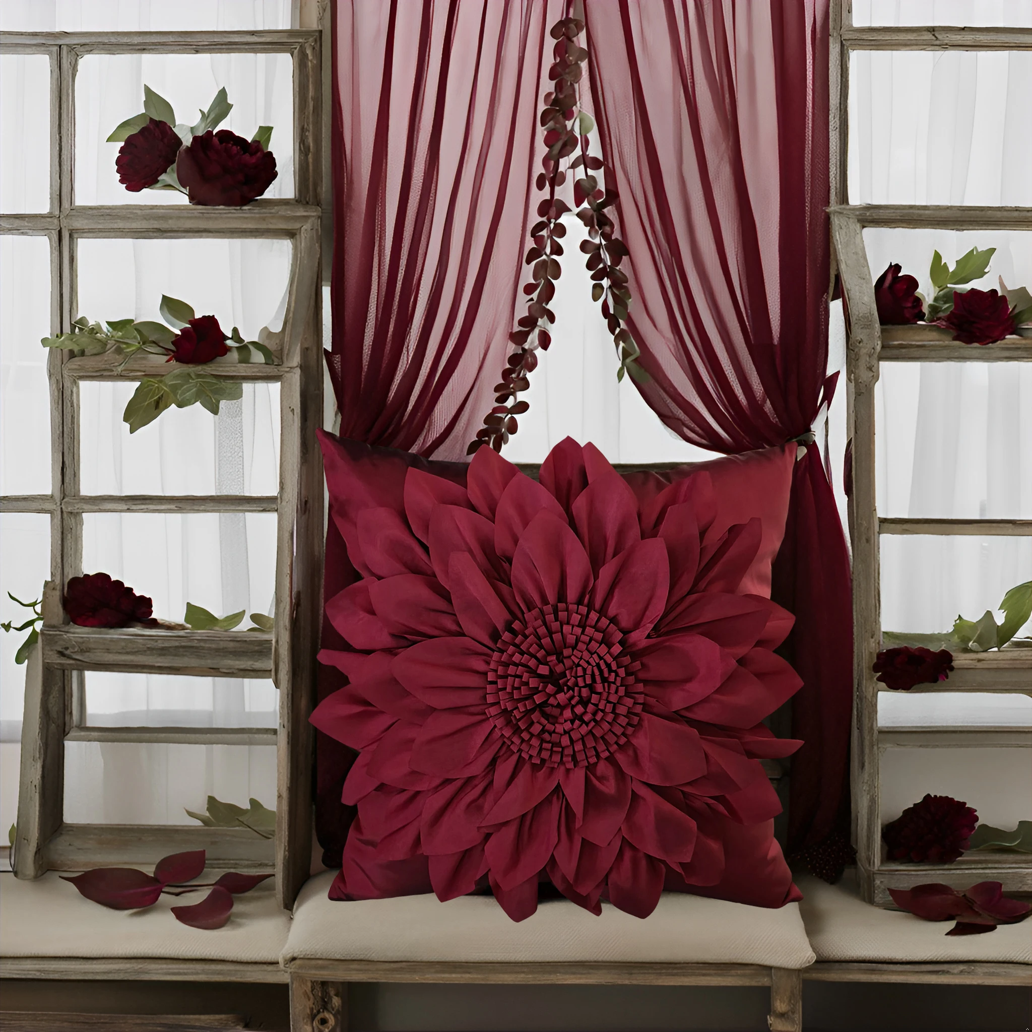 Burgundy Decorative Cushion Covers For Sofa 3D Sunflower Pillow Cover Luxury Handmade Bed Couch Bohemia Wine Red Pillow Case