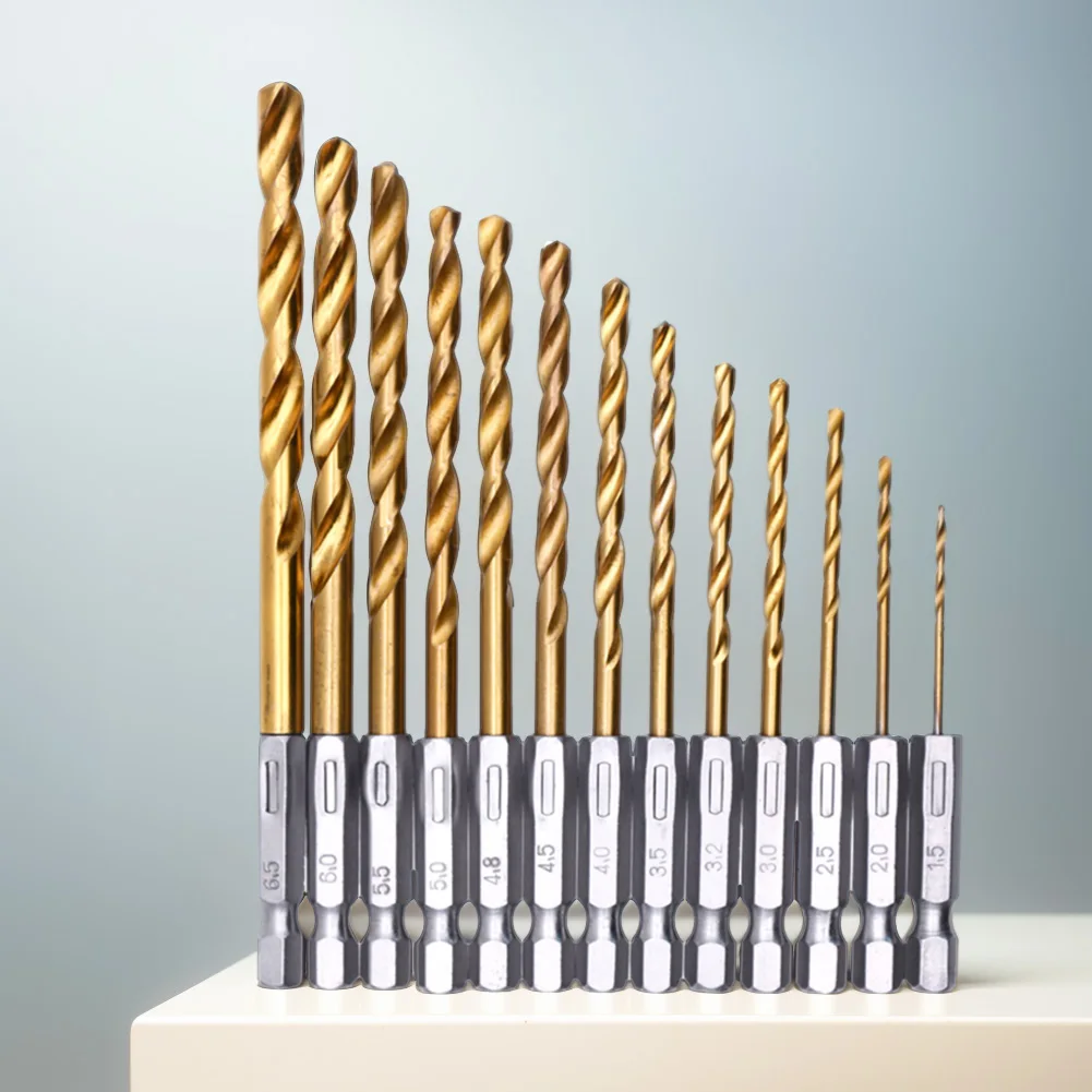13 PCS 1/4inch Hex Drill Bit Set Titanium Coated HSS Twist Impact Drill Bit Set 1.5-6.5mm for Wood Plastic Aluminum Alloy Metal