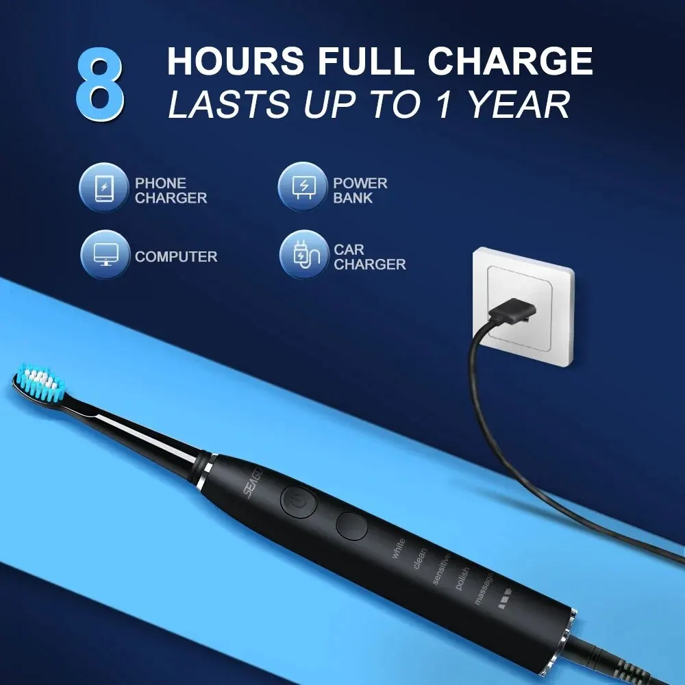 Seago-escova de dentes elétrica portátil para viagens, bateria de 360 dias, 5 modos, temporizador de 2 polegadas, melhor para dentes limpos profundos