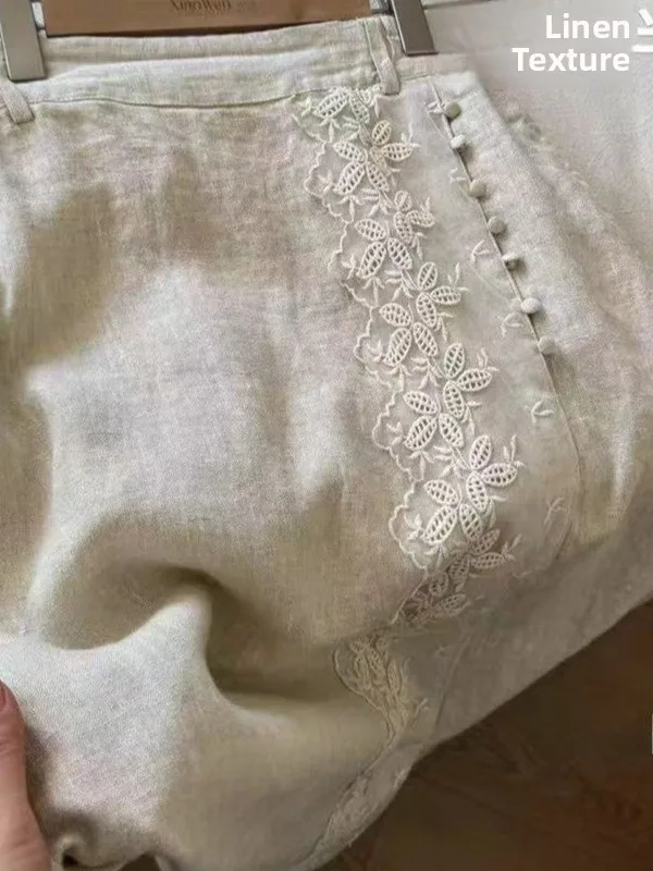 Retro Artistic Lace Trimmed f Skirt with Slit Simple Linen Women's Summer 2025 New Sle A-Line Midi Skirt Loose Fit