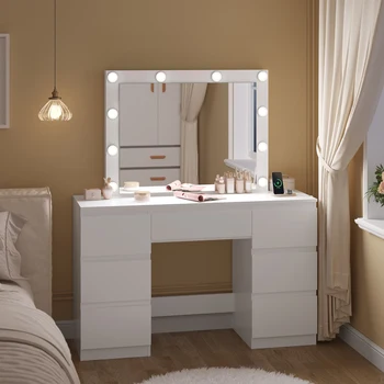 WOLTU Vanity Makeup Desk con luci a LED e presa di ricarica Toeletta con ampio specchio Comò moderno per camera da letto a 7 cassetti 1