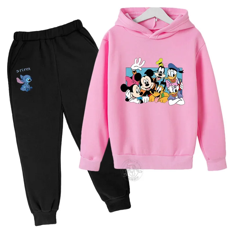 thumbnail image 1 of Conjunto de dos piezas con sudadera y pantalones para niñas de 3 a 14 años con estampado creativo de Mickey y Minnie de Disney clásico de Harajuku, 1 of 4