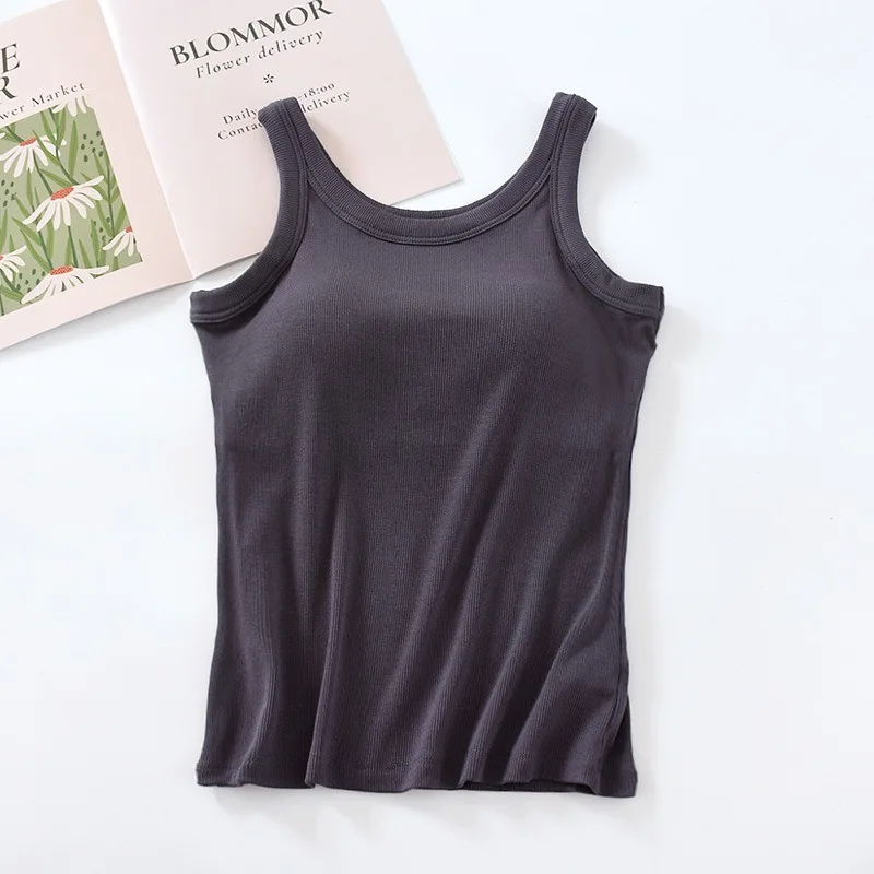 Description Picture 6 of itemBasic Solid Women's Soft Ribbed Breathable Tank Top With Built In Bra Slim Fit One Piece Inner Outer Wearable Bottoming Vest