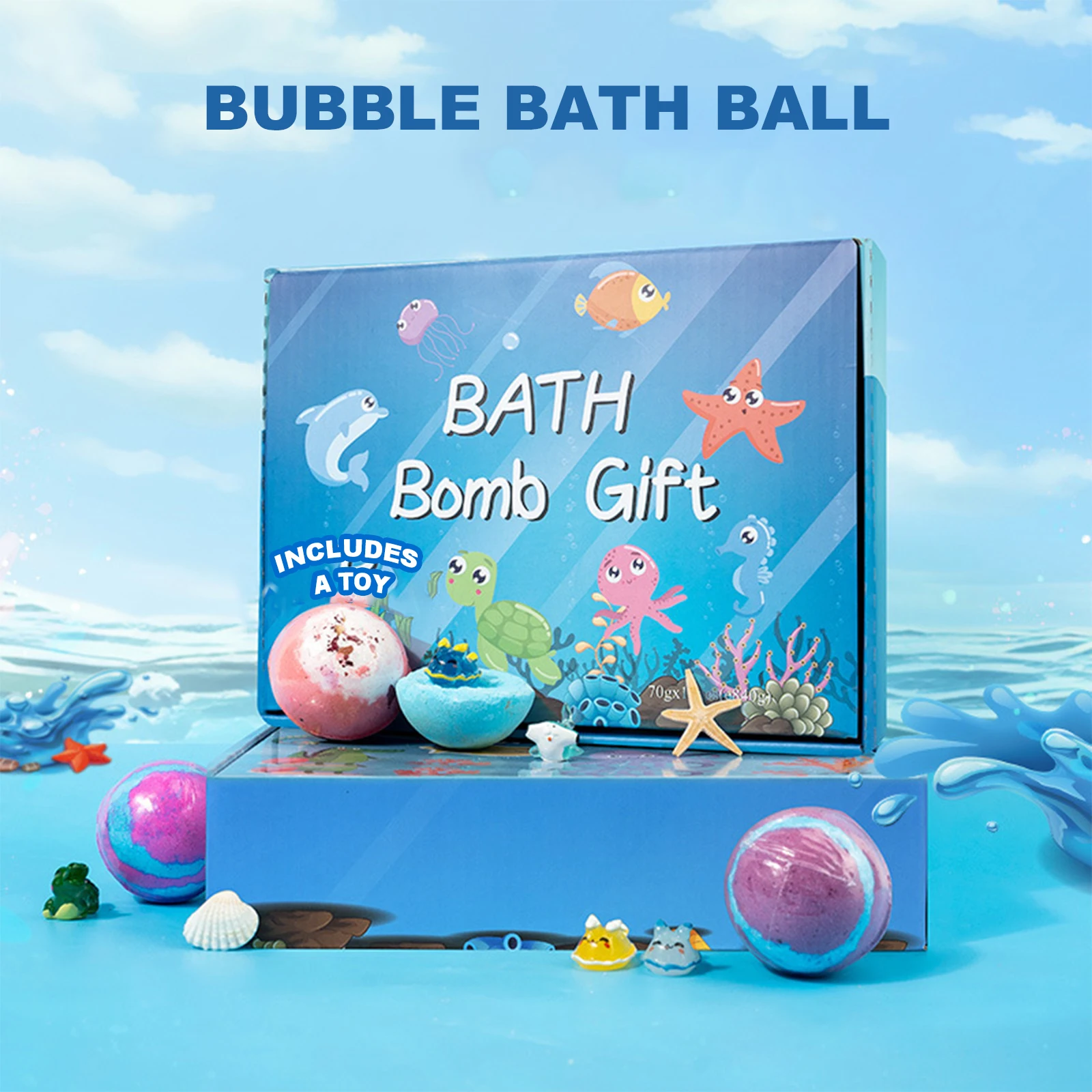 Ocean-Themed Bath Bomb Gift Set - 12 Handmade Bubble Bath Balls with Surprise Sea Animal Toys Inside, 60g Each