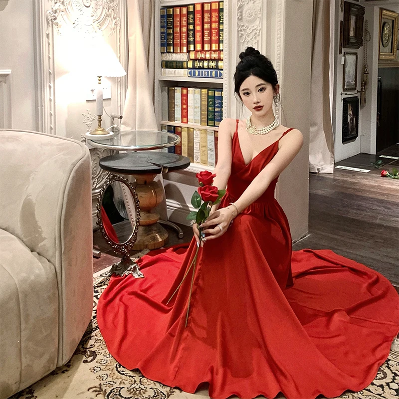 Sexy Spaghetti Strap Evening Party Dress V-neck A-line Solid Vintage Long Dresses for Women Wedding Prom Robe One Piece Vestidos