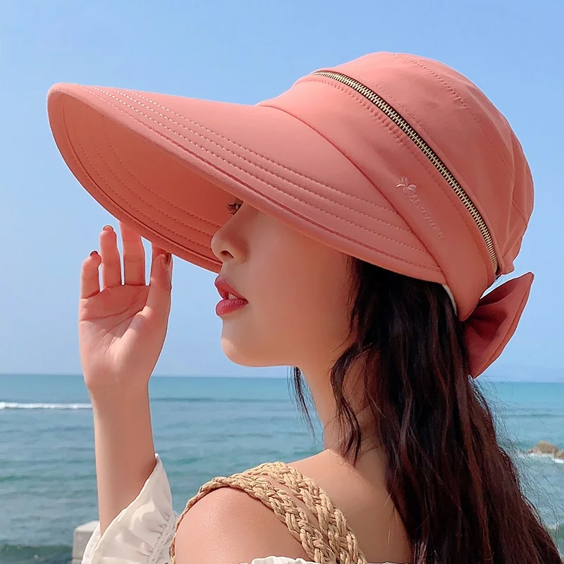 Women's Summer Hat Removable Cap Top with Zipper Empty Top Hat Cycilng  Anti-UV Sun Hats Ladies Foldable Big Brim Hat Visor Caps