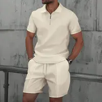 Ensemble deux pièces pour hommes, nouveau style été, gaufré, couleur unie, avec fermeture éclair, col à revers, manches courtes et short, pour l'Europe et les États-Unis 1