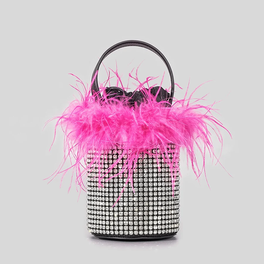 

Fashion Ostrich Feather Diamonds Evening Bag Crystal Mesh Bucket Lady Handbags Luxury Rhinestone Shoulder Bag Party Small Purses