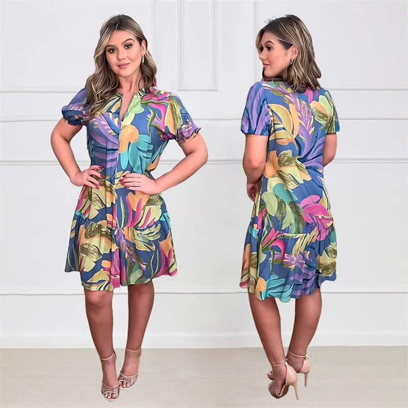 

Ladies Multicolor Printed Puff Sleeve Zipper O-neck Slim Dress Summer Street Fashion Slim Dress
