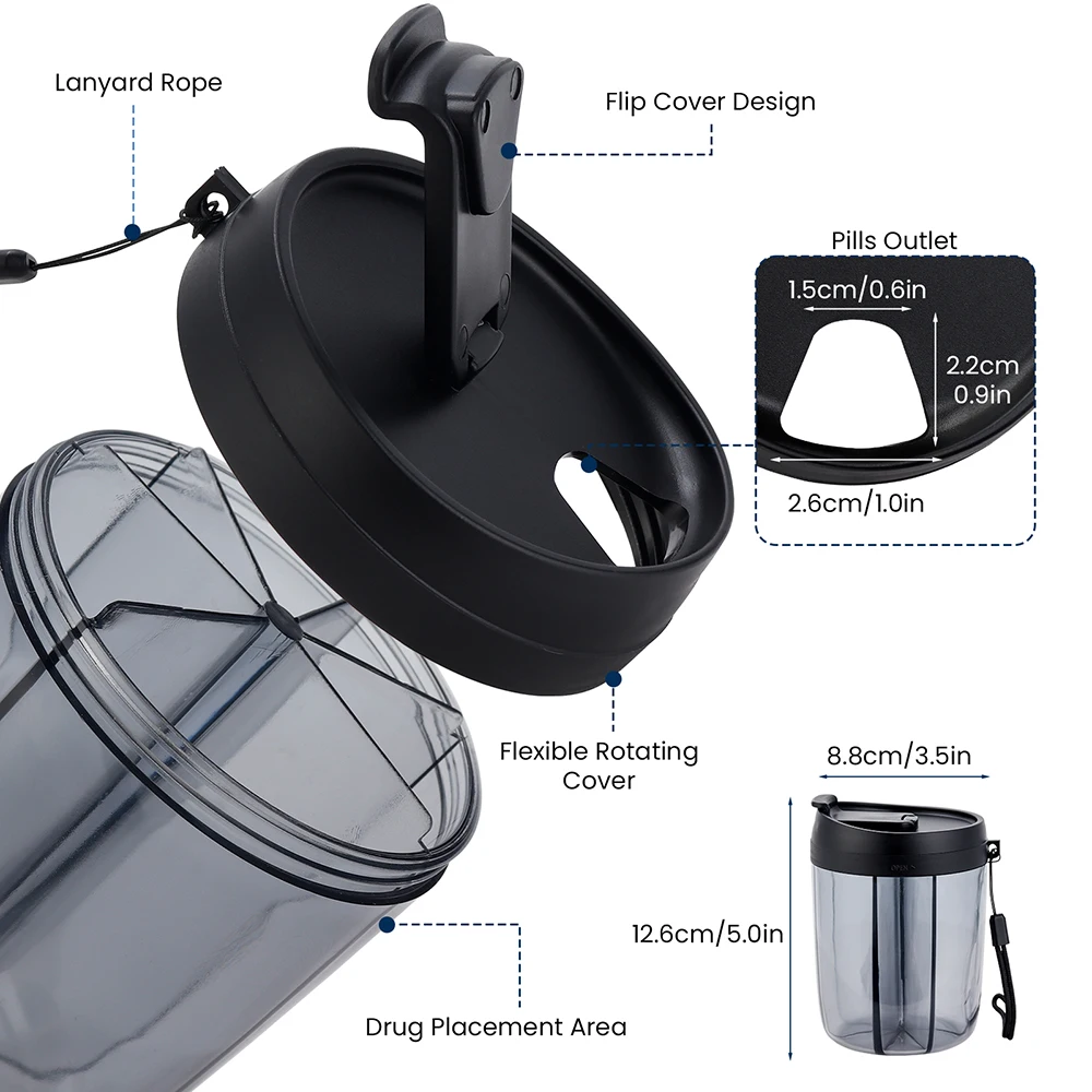 Portable Pill Cup Bottle Organizer 6-Compartment Vitamins Travel Pill Case Box Reduce Bacterial Flip Lid Hands Free Design