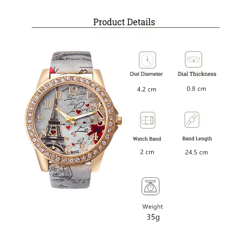 Trendy Women rhinestone Eiffel Tower PU leather quartz Watch 6
